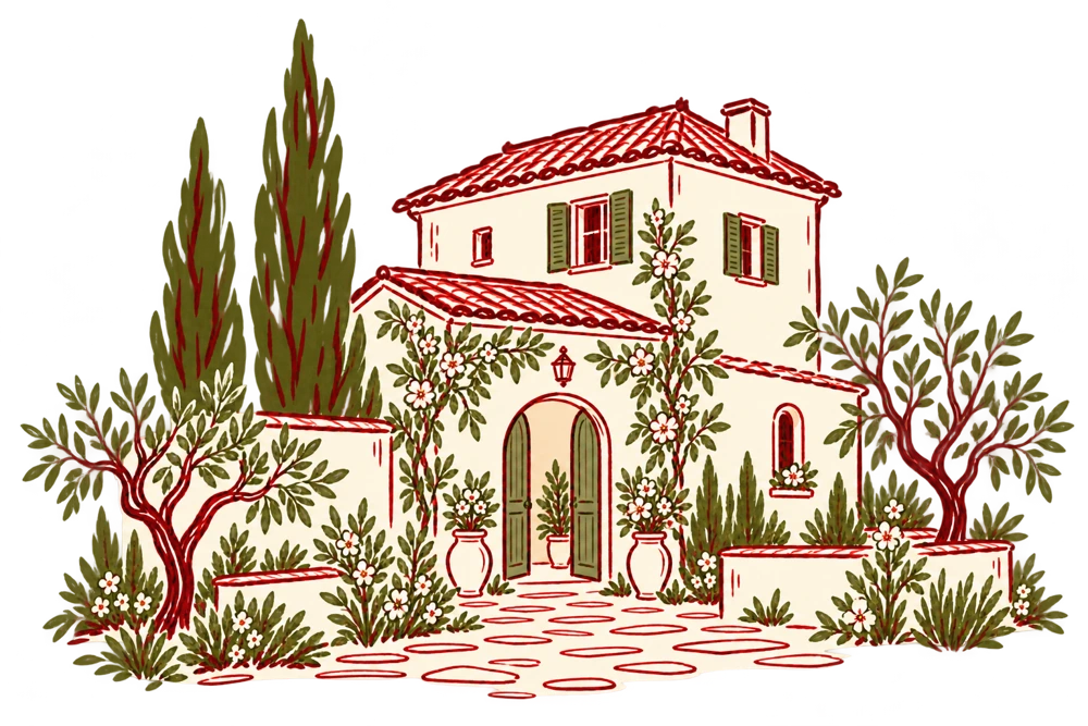 An imagined villa drawn in cherry and olive ink